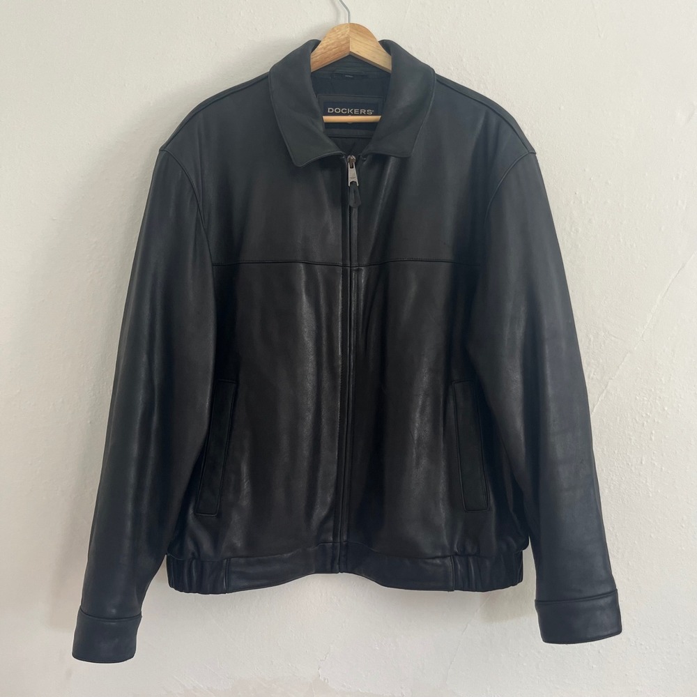 Vintage Dockers Men's Black 100% Lamb Leather Bomber Jacket Size L